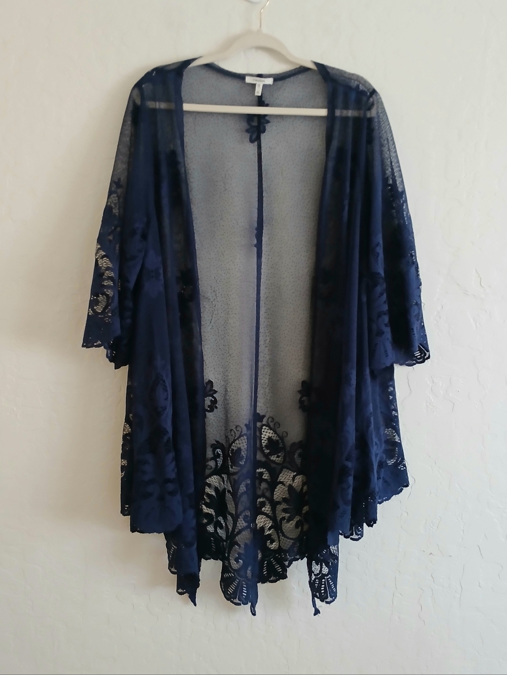 Maurices Navy Blue Longline Lace Kimono Cardigan Women's XL Bell Sleeve Modest
